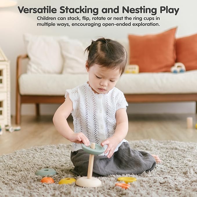 PlanToys® Stacking Cups Ring Wooden Montessori Size and Colour Sorting Toy | Fine Motor, Early Math and Coordination Development | Eco Friendly Educational Activity for Toddlers