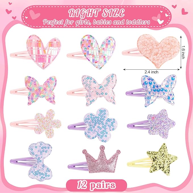 obeoby 24 Pack Toddler Hair Clips for Girls, Star Heart Butterfly Shaped Hair Barrettes Metal Snap Hair Clips Hair Accessories for Baby Girls Holiday Birthday Gifts