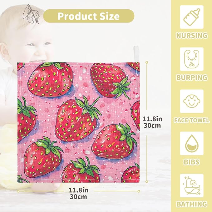 Strawberries Pink Muslin Baby Washcloths, 5 Pack of Cotton Newborn Wash Cloths, Extra Soft & Ultra Absorbent Baby Towels, 12 X 12 in