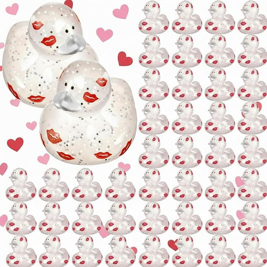 DEEKIN 24 Pcs Valentine Glitter Rubber Ducks 2" Pink Ducks Valentine Party Favors Decorations for Lovers Anniversary Celebration Couples Gift