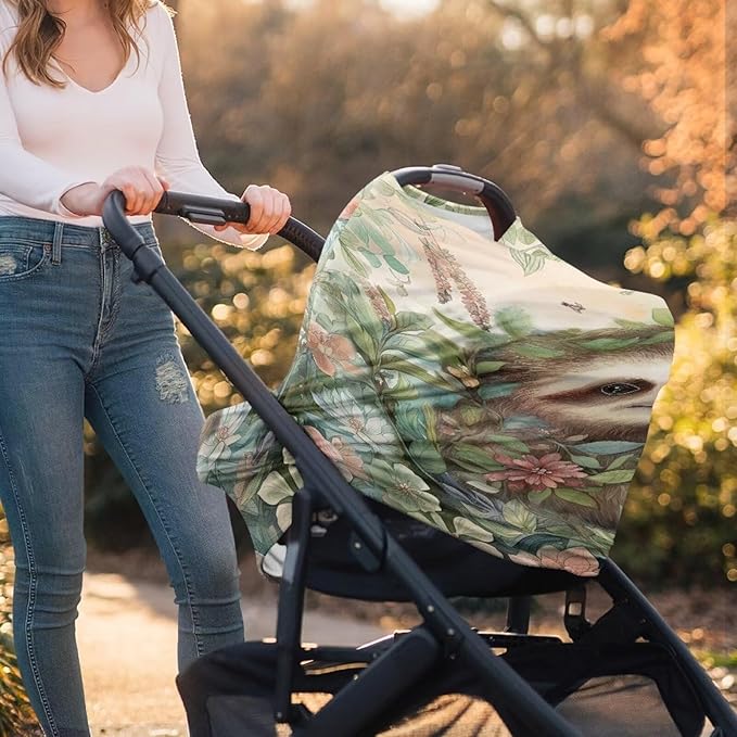 Wanyint Sloth Leaf Retro Baby Car Seat Covers, Carseat Canopy for Babies Boys Girls Multi-Use Nursing Breastfeeding Covers Nursing Scarf, Gift for Mothers