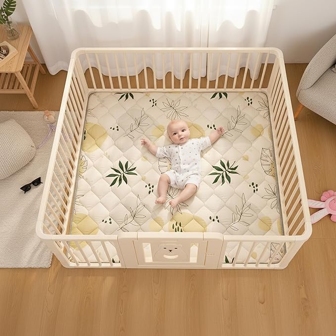 TADO MUSLIN Baby Play Mat 50x50 Inch, Thickened Soft Floor Mat for Playpen, Machine Washable Foam Crawling Mat with Non-Slip Bottom for Babies and Toddlers, Foldable Padded Playmat Boho Terra