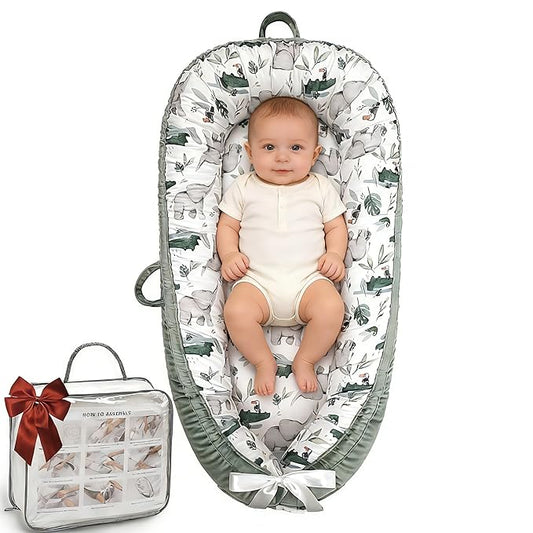 Baby Lounger-Breathable and Soft Organic 100% Cotton, Portable Infant Lounger with Removable Lounger Cover, Baby Nest Lounger for Newborn - Green Zoo