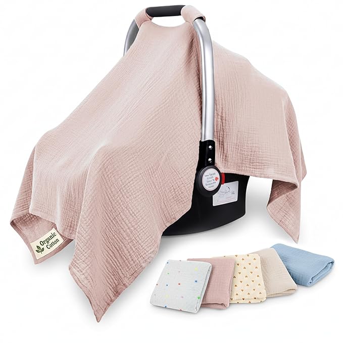 100% Organic Muslin Cotton Car Seat Cover 35 x 50 Inches Soft Touch Breathable Canopy, Protective Car Seat Cover Baby All Seasons Lightweight Car Seat Cover Travel Comfort (Pink)