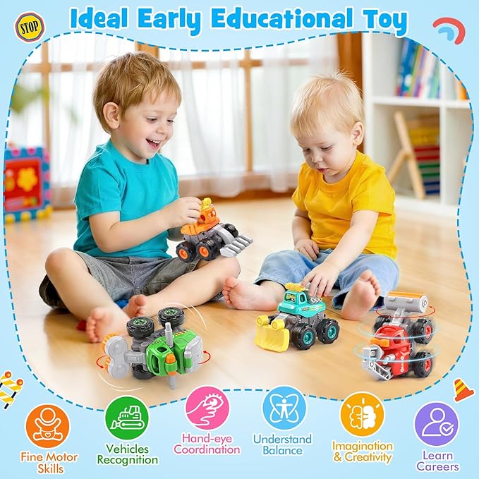 ORWINE Baby Boy Toys Cars, Push and Go Cars for Kids, Friction Powered Stunt Trucks, 4PCS Construction Vehicles Baby Toys for 2 3 4 5 Years Old Boys Girls, Birthday for Toddler Age 2-3