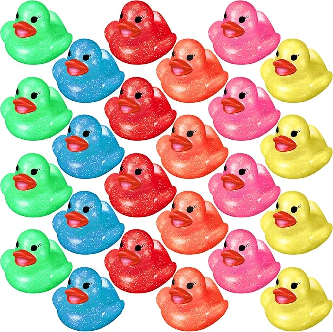 Leitee 24 Pcs Glitter Rubber Duck Assortment Duckies for Kids Colorful Glitter Mini Ducks Neon Color Ducky Bath Toys for Birthday Gifts Baby Shower Decorations Summer Beach Pool Activity Favor 1.6''