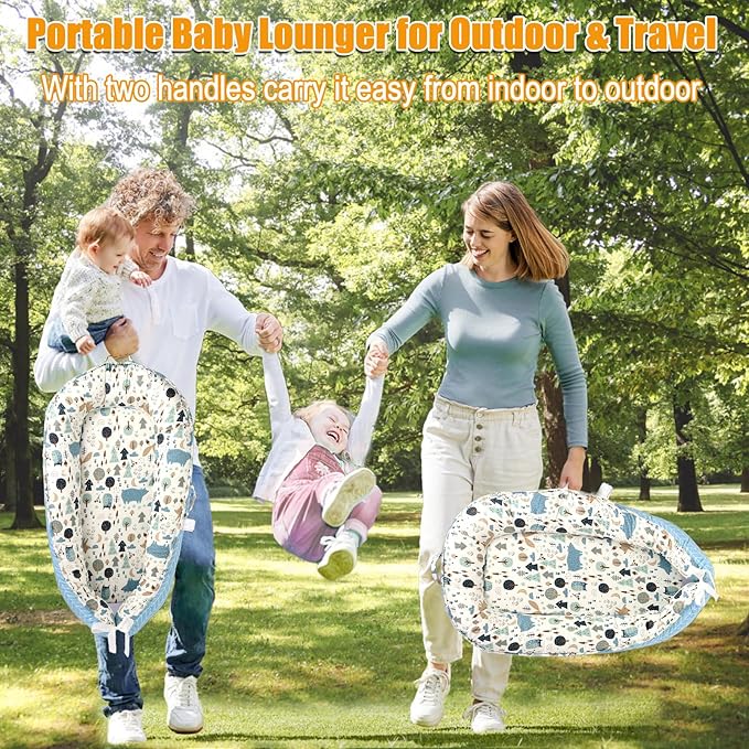 Baby Lounger - Baby Lounger for Newborn, 0-24 Months, Reversible Adjustable Newborn Lounger Baby Nest for Home and Travel, 100% Organic Cotton Washable Infant Lounger Cover, Essential Baby Gift (Blue)