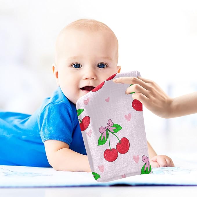 Cherry with Bows Baby Washcloths 5 Pack, Cotton Muslin Washcloth Soft for Sensitive Skin, Newborn Girls Boys Shower Gift, 12x12 in