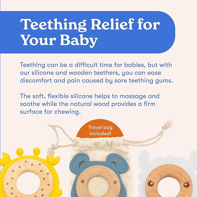3-Pack Baby Teething Toys for 0-12 Months | Food-Grade Silicone & Natural Beech Wood Teether Set | Easy-to-Hold Animal Shapes for Soothing Chewing | BPA-Free Teethers for Babies Boys & Girls