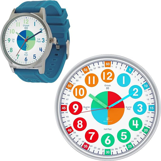 OWLCONIC Telling Time Teaching Clock - Bundled with Kids Watch. Learn to Tell Time Resources. Cool Marine Blue