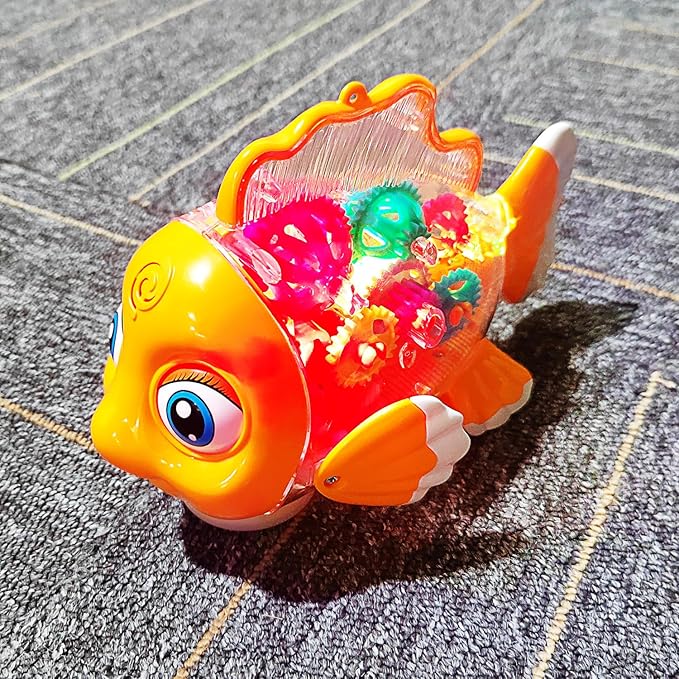 Tipmant Cute Electric Fish Toy Electronic Goldfish Animal Vehicle Car Auto Driving, Transparent Gears, Music, Luminous Lights, Baby Toddler Kids Birthday Gifts