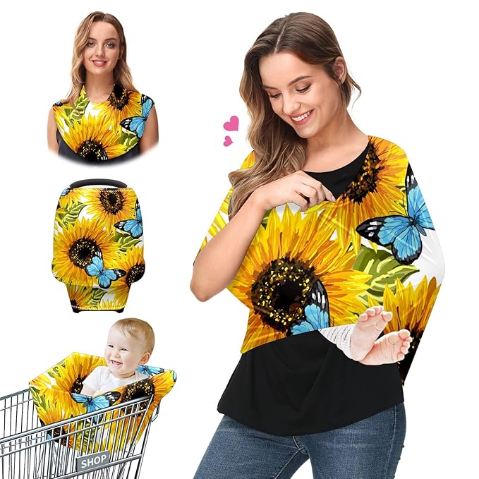 Baby Car Seat Stroller Covers Sunflower and Butterfly Nursing Cover Breastfeeding Scarf Soft Breathable Stretchy Infant Car Canopy Coverage Carseat Cover for Boys and Girls Multi Use