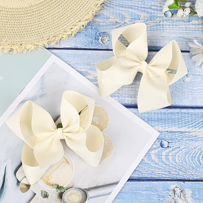 DEEKA 2 PCS 6" Big Hand-made Grosgrain Ribbon Solid Color Hair Bows Alligator Clips Hair Accessories for Little Teen Toddler Girls Kids Set of 2 -Ivory