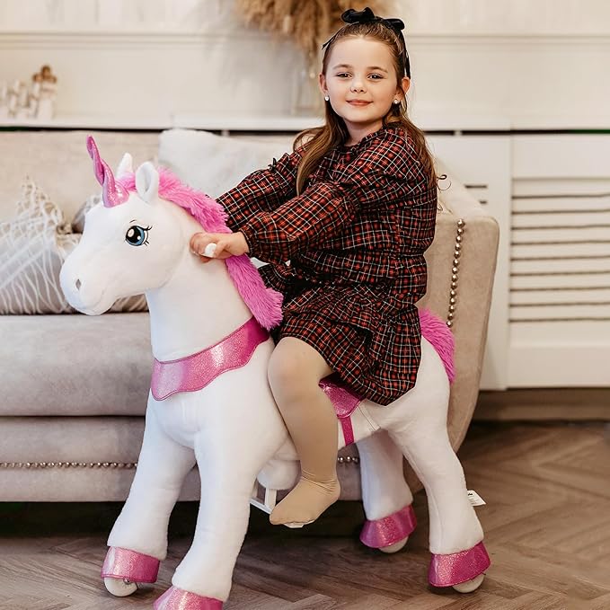 PonyCycle Unicorn Ride on Toys for Girls Horse Spirit Toys, Essential Model E Size 4 for Kids Age 4-8/35.4" Height, Birthday Gifts Plush Walking Animal Giddy up Riding Toys Ride on Pony Pink E412
