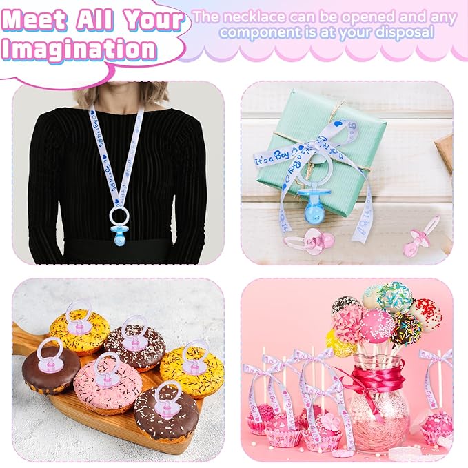 72 Acrylic Pacifier Necklace for Baby Shower Boys & Girls Party Favors, Gender Reveal Party Table Scatter/Necklace Game (Blue & Pink)