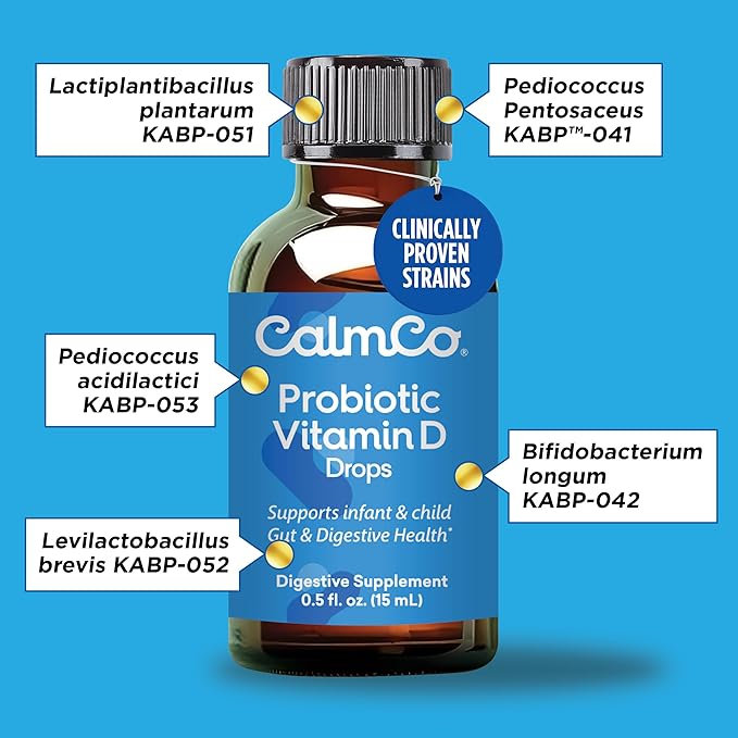 CalmCo Probiotic Vitamin D Drops - Supports Infant & Child Gut Health, Helps Reduce Gas, Colic & Fussiness, Baby Probiotic Drops with Vitamin D3, Pediatrician Recommended, Unflavored, 15ml (Pack of 1)