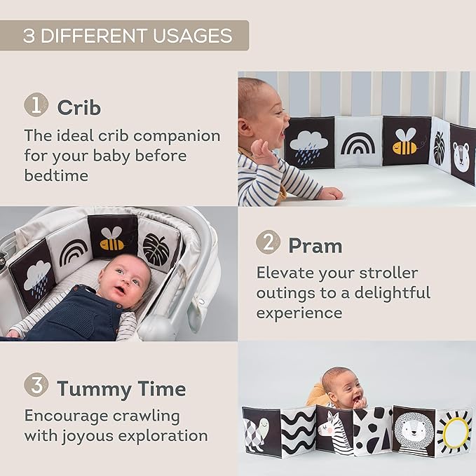Taf Toys Newborn Soft Activity Book Black & White High Contrast Baby Book Infant Sensory Toys Tummy Time Soft Cloth Books for Babies Textured Fabric Crinkling Shapes Patterns 0-12 Months Newborn Toys