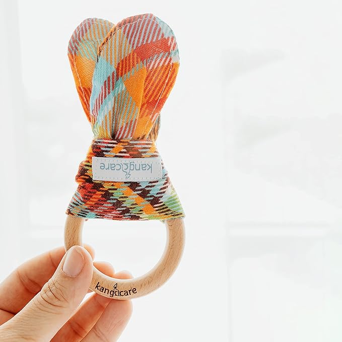 Kanga Care Baby Soft Muslin Sensory Crinkle Bunny Ear Wood Teething Ring - Quinn Plaid
