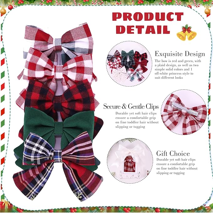 Obeoby Hair Bows with Hair Clips for Girls Toddlers, 8 Pcs Handmade 5" Floral Hair Accessories Red Bow for Kids 2-12 years Stocking Stuffers Christmas Gifts for Baby Teens Birthday School Party