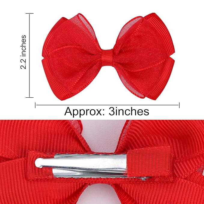Tiny 3 Inch Organza Double Hair Bow Clips - Lined Boutique Alligator Hairpin for Baby Girls, Toddlers, and Little Teens - Kids Barrettes Set of 2 Small Stylish (Red)