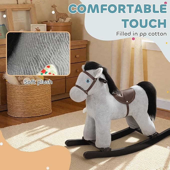 Qaba Rocking Horse, Kids Plush Animal Rocker with Realistic Neighing Sound for Toddlers 2–5 Years Old, Soft Filling Ride on Horse with Rabbit Toy, Gray