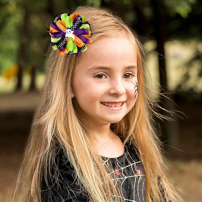 Halloween Korker Hair Bow Clips for Girls Women Cute Spider Ghost Pumpkin Curly Corker Ribbon Cheer Bow Alligator Barrette Holiday Dress up outfit Decor Accessory Birthday Gift