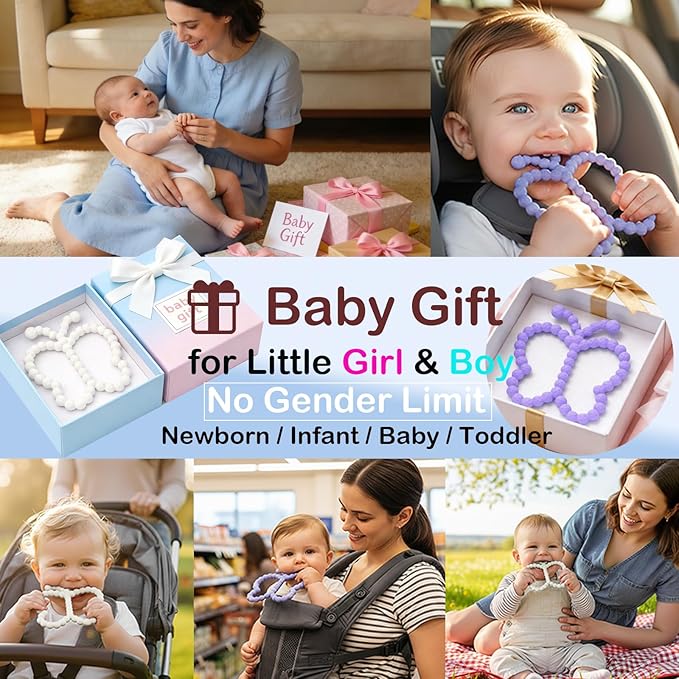 2 Pcs Baby Teething Toys Silicone Butterfly Teething Rings Over 3 Months - Baby Essentials Sensory Chew Toys -Baby Teether for Teething Relief -BPA Free Infant Toys Baby Shower Gifts (2, White,Purple)