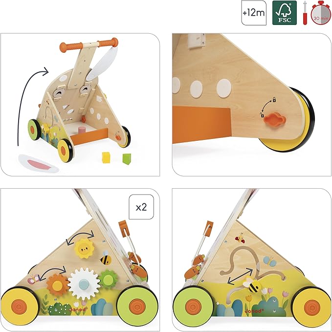 Janod - Farm Multi-Activity Trolley - Wooden Push Cart - 9 Activities - Patented Brake System and Silent Wheels - Developmental Toy for Children - From 12 Months - J03326
