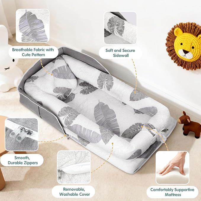 Portable Baby Lounger - Foldable Infant Lounge with Adjustable U-Shaped Bumper & Storage Bag, Breathable Cotton Snug Spot for Supervised Rest & Play at Home or On The Go,Gray Leaf