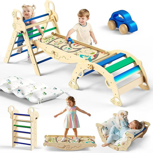 Pikler Triangle Climbing Set with Cushion, Foldable Climbing Toys Indoor, Montessori Toddler Gym, 10-in-1 Climber & Playground, Gift for Christmas, Birthday, New Year (Glacier Lake)