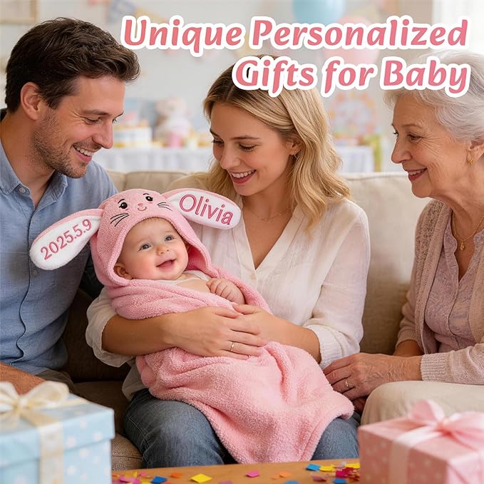 Custom Hooded Baby Towels with Name, Personalized Bunny Easter Gifts for Toddlers, Custom Baby Bath Towels for Newborn, Ultra Soft and Absorbent, Ideal for Girl Boy (Bunny)