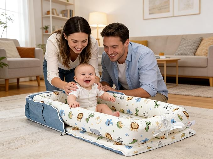 Baby Lounger for Newborn Portable Bag,Baby Nest Play Gym mat with Strap,Newborn Lounger Adjustable Size & Inner Zipper Lengthen Space to 24 Months,Animal World Blue