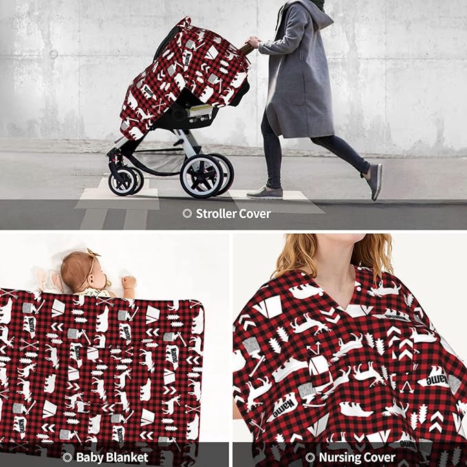 Personalized Baby Name Car Seat Covers for Babies, Custom Car seat Canopy, Peekaboo Opening Breastfeeding Cover Infant Canopies for Baby Boys Girls Newborn (Red Plaid, Woodland Deer and Bear)