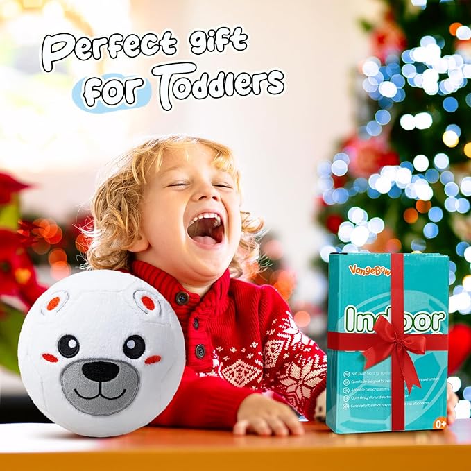 VangeBow Silent Indoor Soccer Balls for Toddlers 1-3, Inflatable Soft Plush Baby Toddler Soccer Ball Toys Gifts for 1 2 3 4 5 Year Old Boy Girl First Birthday Gift (Polar Bear, Pump Include)
