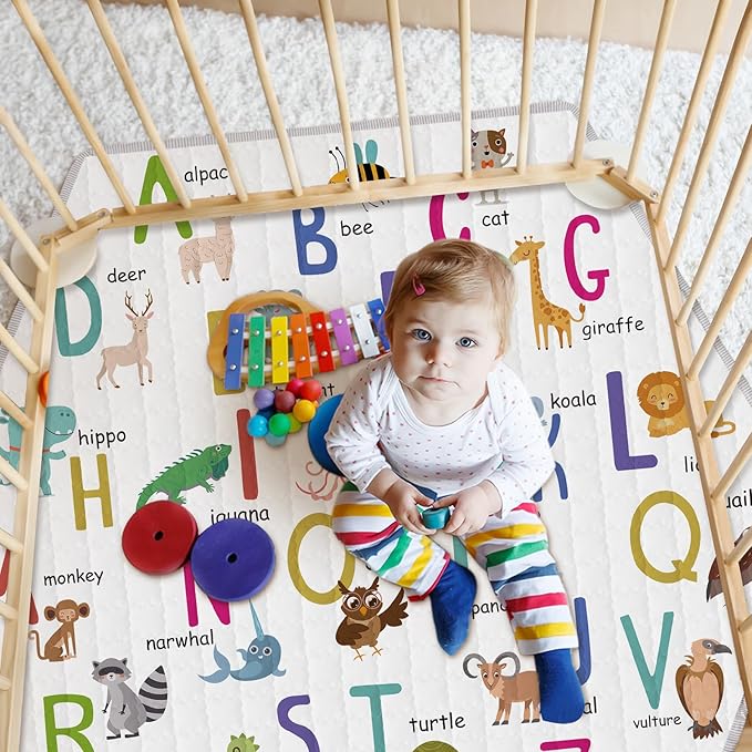 Funtery Woodland Animals Hexagon Playpen Mat Baby Play Mat Foldable Soft Nursery Rug Portable Baby Playmat Washable Comfortable Hexagon Playpen Mattress for Floor Activity Room Indoor Outdoor (Fresh)