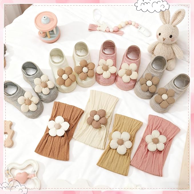 4 Pack Baby Girl Flower Headbands and Socks, Cute Floral Non-Slip Grippy Socks Soft Hairbands Hair Accessories for Newborn Infant Toddler