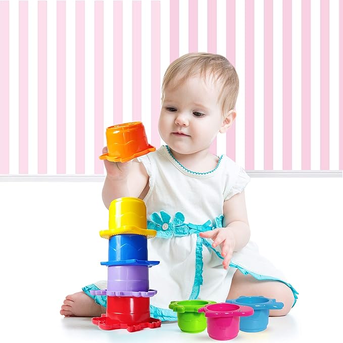 Baby Bath Stacking Cups – 8-Piece Montessori Beach & Bathtub Toy Set for Toddlers – BPA-Free, Easy-Drain, Educational Water Toy for Kids Ages 18 Months+ by Extasticks®