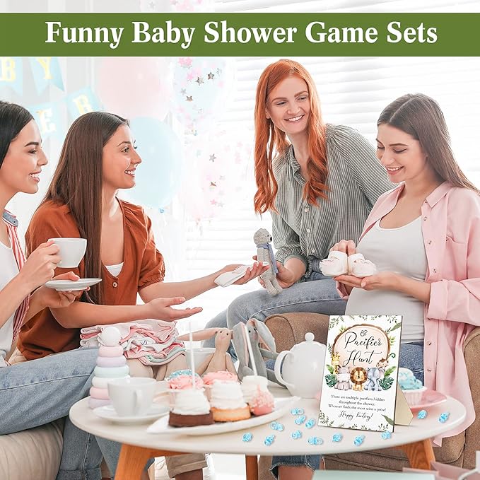 Roowest 51 Pcs Pacifier Hunt BabyShower Games Include Wooden Hunt Sign and 50 Acrylic Mini Plastic Pacifiers for BabyShower Game Decoration Gift Sets Gender Reveal Party