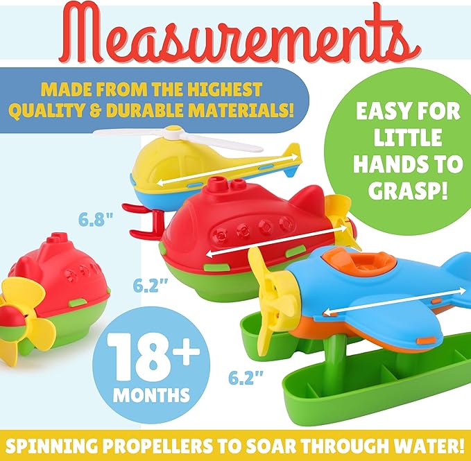 Toyland® Pack of 3 Floating Water, Bathtub, and Pool Toys for Kids 18 Months Plus - Helicopter, Submarine & Seaplane