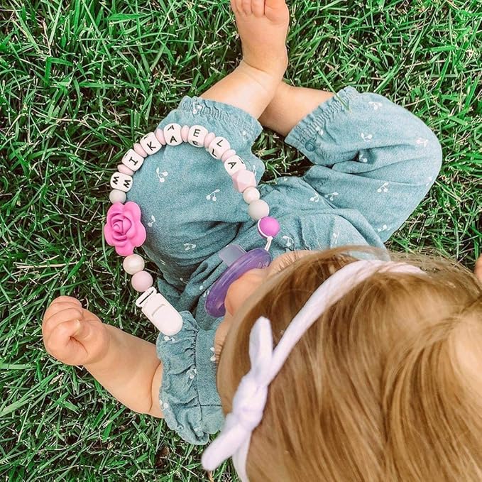 Personalized Pacifier Clip with Name for Baby, Customized Pacifier Clip Fits All Pacifiers, Purple Rose