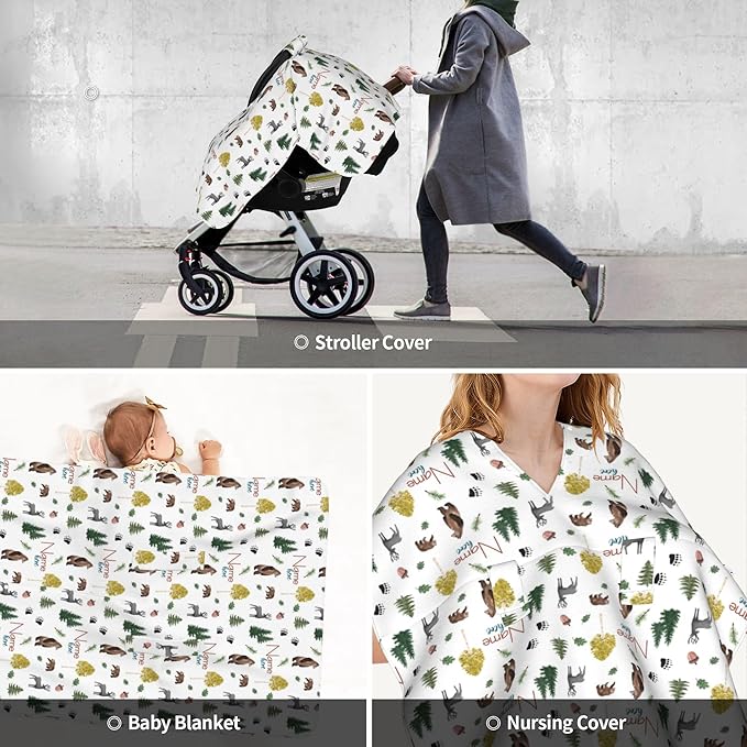 Personalized Car Seat Covers for Babies Custom Name Car Seat Canopy for Newborn Baby Boys Girls Mom Nursing Breastfeeding Covers Bear Deer Minky Baby Carrier Covers with Peekaboo Opening