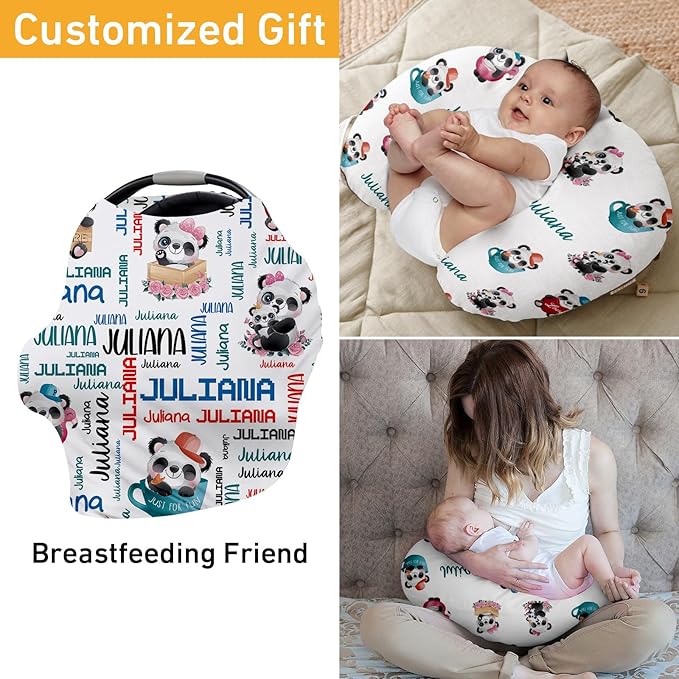 Personalised 7 in 1 Car Seat Cover for Girls and Boys - Multipurpose Breast Feeding Cover, White Panda Print Nursing Cover, Grocery Cart Cover - Birthday Gift for Babies(27"x29")