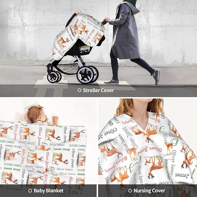 Custom Baby Car Seat Canopy Personalized Car Seat Covers with Name for Baby Boys Girls Customized Deer Nursing Breastfeeding Cover Infant Carseat Canopies Newborn Minky Baby Blanket