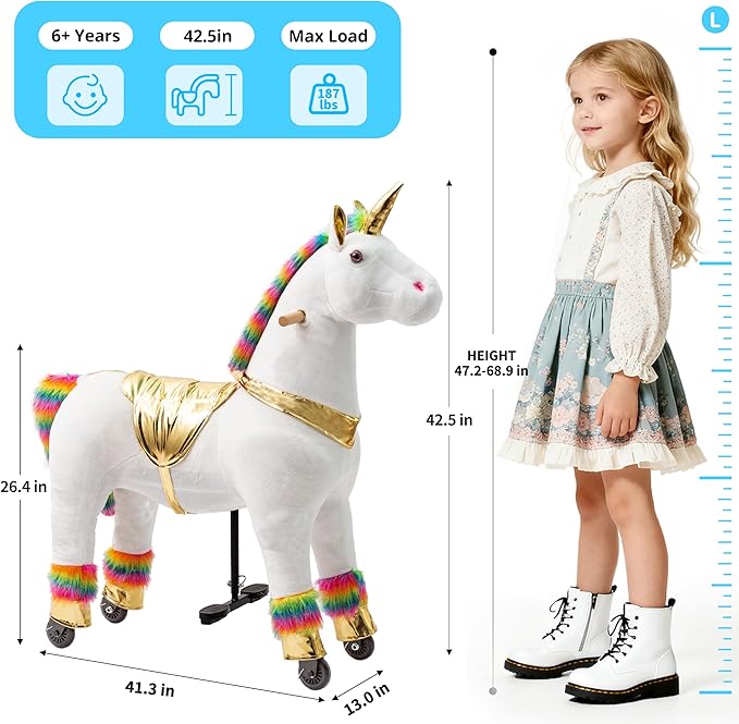 Pipleo Ride on Unicorn on Toys, Unicorn Ride on for Girls 6 to Adult, Ride on Unicorn Toys, Unicorn Rider Mechanical Walking Action Plush Animal,No Battery or Electricity,Max Load 187 LBS - Rainbow