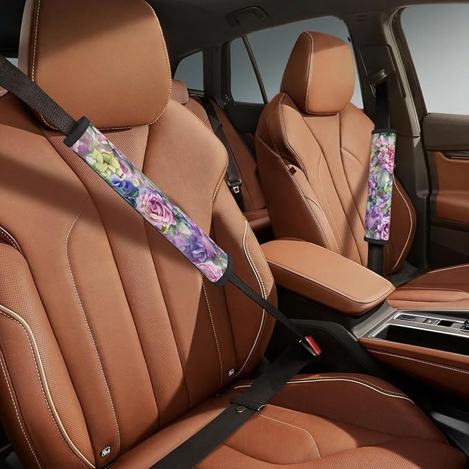 Watercolor Hydrangea Rose Flowers Print Seatbelt Pads Fits Cars Trucks SUV Sedans Sweat Absorption Car Seatbelt Strap Cover, Mother's Day Auto Interior Accessories Protector