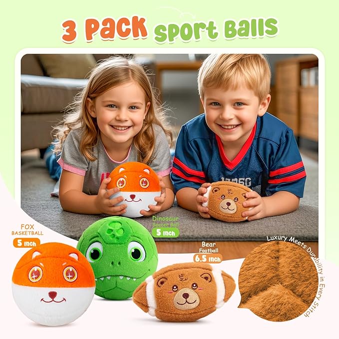 VangeBow 3 Pack Soft Sports Balls for Toddlers 1-3, Inflatable Plush Baby Balls Set for Kids 3-5, 5 Inch Soccer Ball & Basketball, 6.5 Inch Football, Mini Toddler Ball Toys for Boy Girl First Gifts