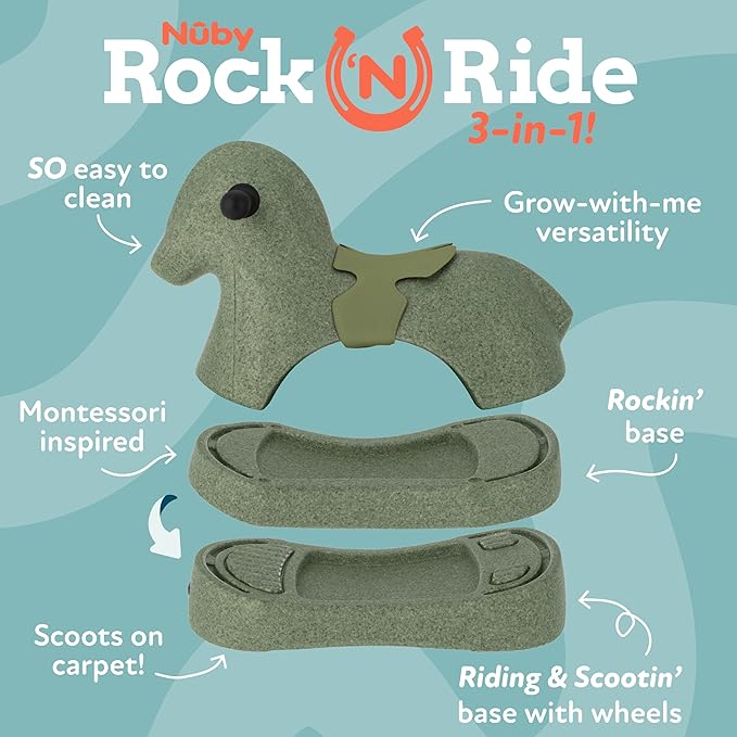 Nuby Rock 'N Ride Rocking Horse for Kids - Ride, Rock & Scoot Toy for Indoor & Outdoor Play - Balance & Coordination Development Toy - Ages 12+ Months - Green Horse