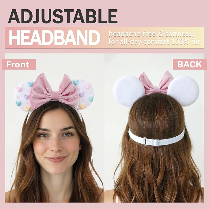 zhezesmila Adjustable Mouse Ears Headband Elastic Candy Velvet Ears with Pearls for Baby Girls, Toddlers and Women