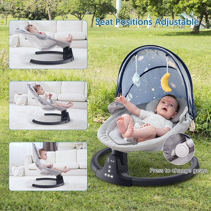Bluetooth Baby Swing for Infants, Compact & Portable Baby Swing, 3 Seat Positions, 5 Swing Speed, 10 Music, Remote Control, USB Plug-in Power, Reversible Cushion for All Seasons