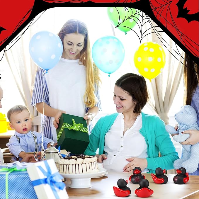 Leyndo 24 Pcs Spiderweb Rubber Duck Bulk Spiderweb Birthday Party Decoration Favors Squeaky Red Black Rubber Duck for Bathtub Floating Pool Gifts Party Supplies